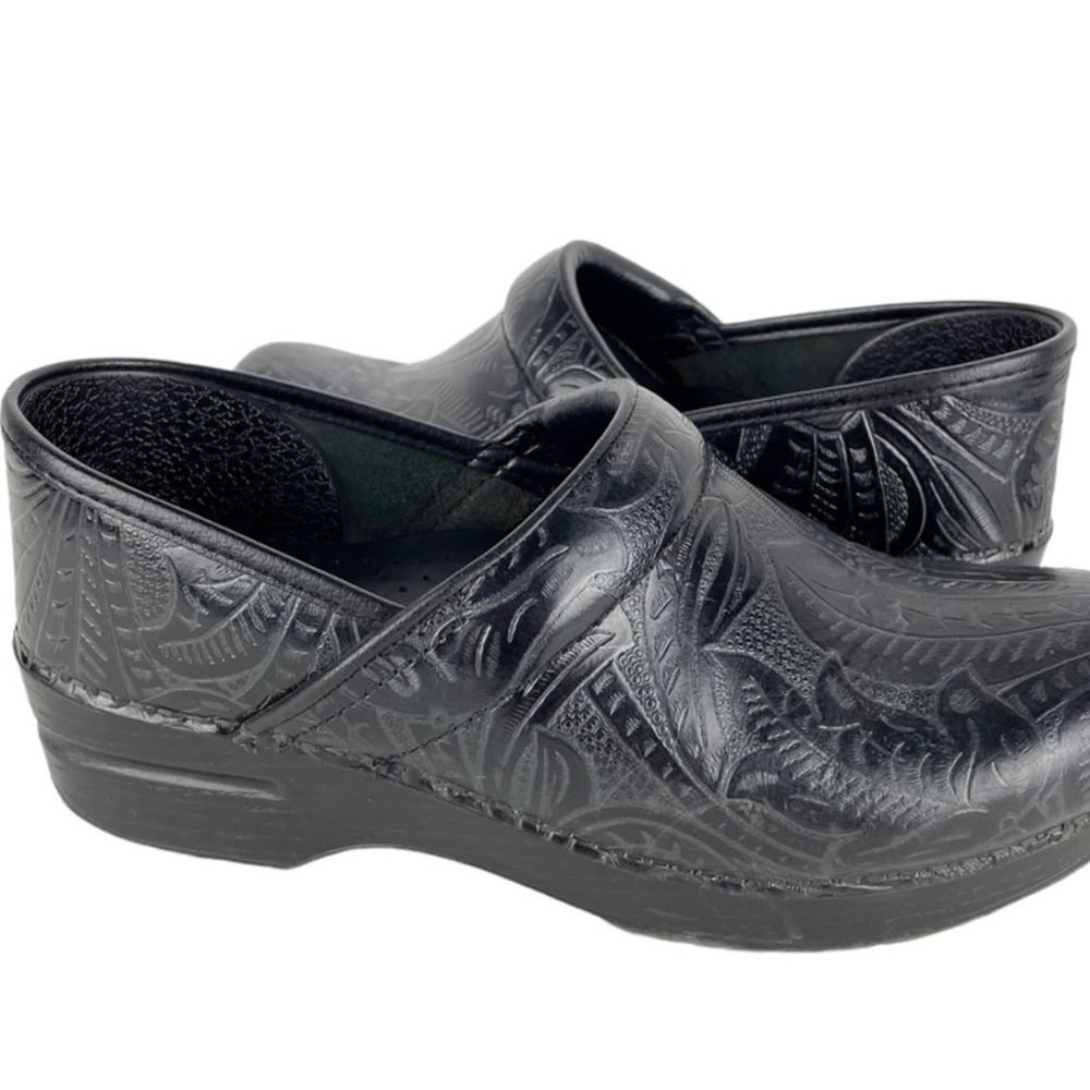 Dansko Black tooled leather professional clogs